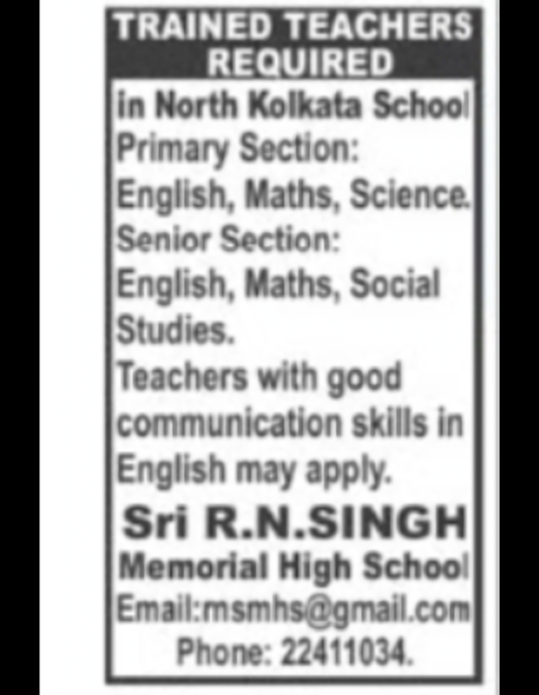 Teachers Required – Sri R.N. Singh Memorial High School, North Kolkata