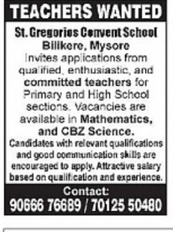Teachers Wanted – St. Gregories Convent School, Bilikere, Mysuru