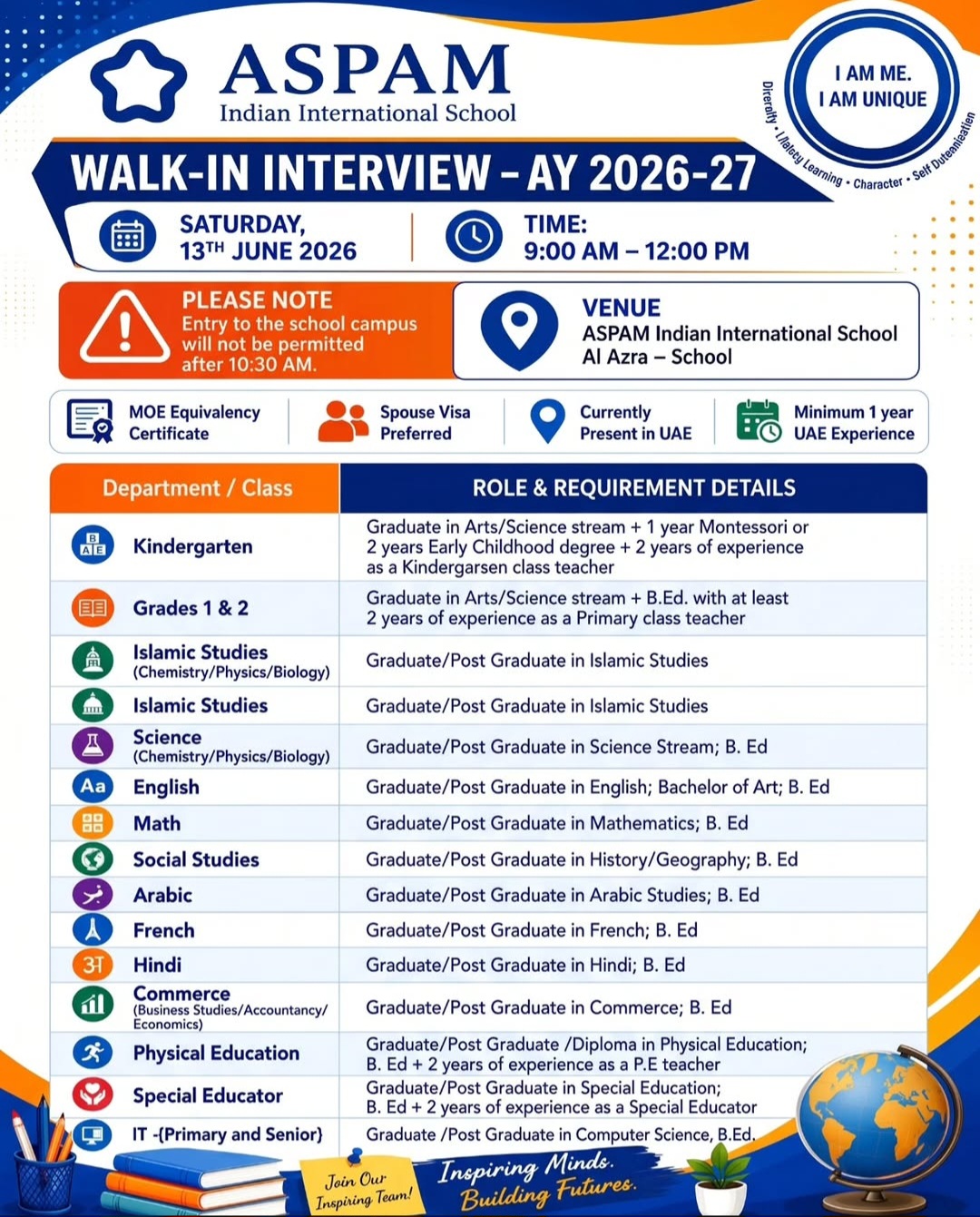 Teaching & Academic Positions – ASPAM Indian International School, UAE