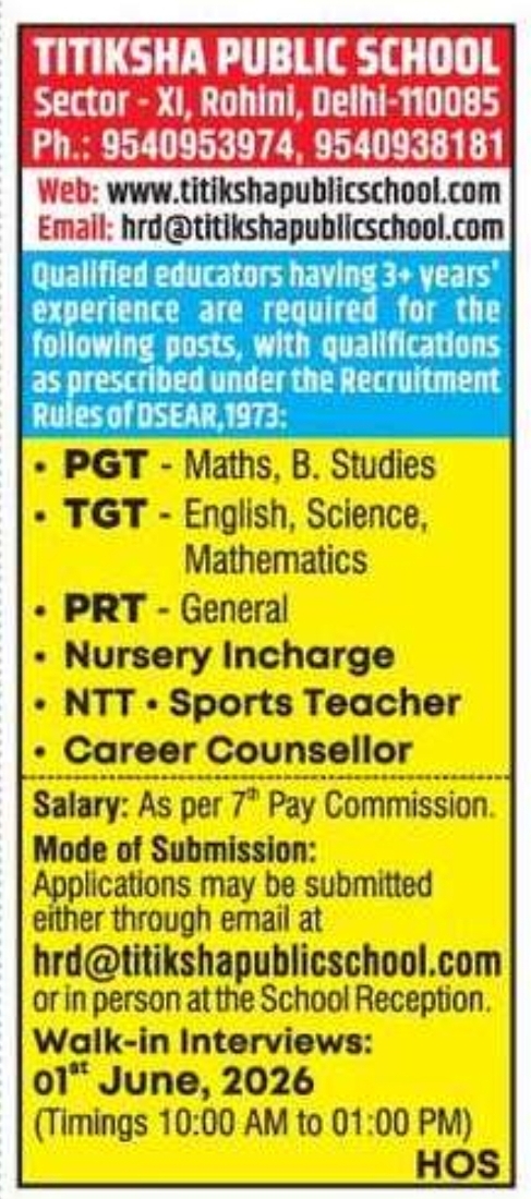 Teaching & Academic Staff Vacancies – Titiksha Public School, Rohini