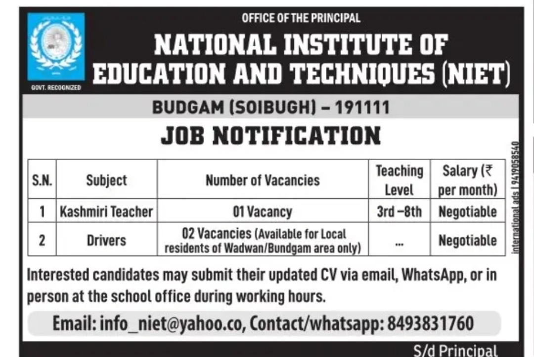 Teaching and Non-Teaching Jobs – NIET Budgam