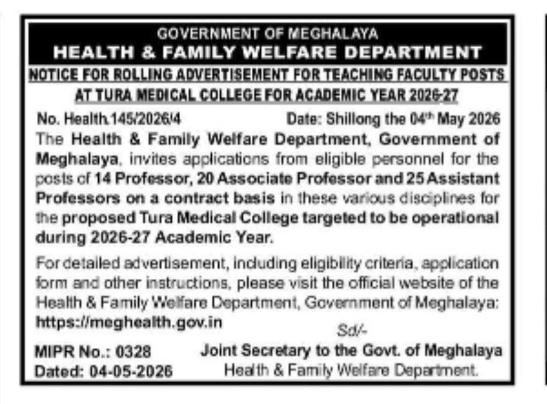 📢 Teaching Faculty Recruitment at Tura Medical College 2026-27 | Government of Meghalaya
