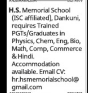 Teaching Faculty Required (ISC School) Location: Dankuni, Hooghly, West Bengal