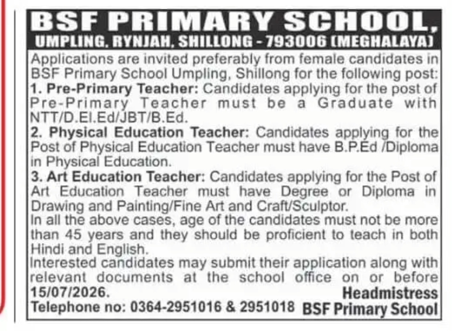 Teaching Job Openings at BSF Primary School, Shillong – Apply by 15 July 2026