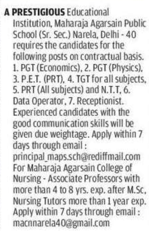 Teaching & Non-Teaching Job Openings at Maharaja Agarsain Public School & College of Nursing, Delhi