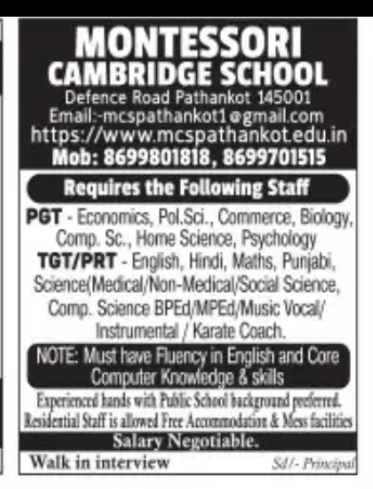 Teaching Staff Required at Montessori Cambridge School, Pathankot