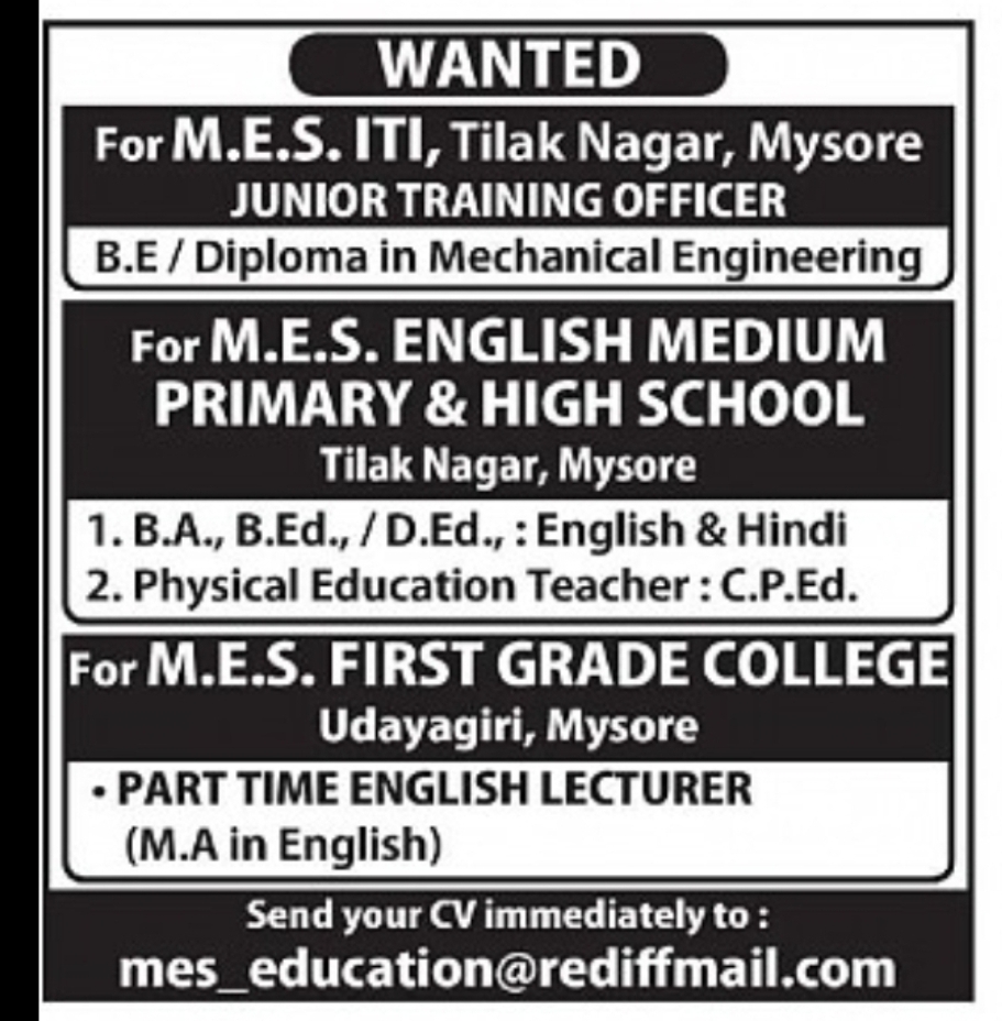 Teaching & Training Staff Recruitment – M.E.S. Institutions, Mysuru