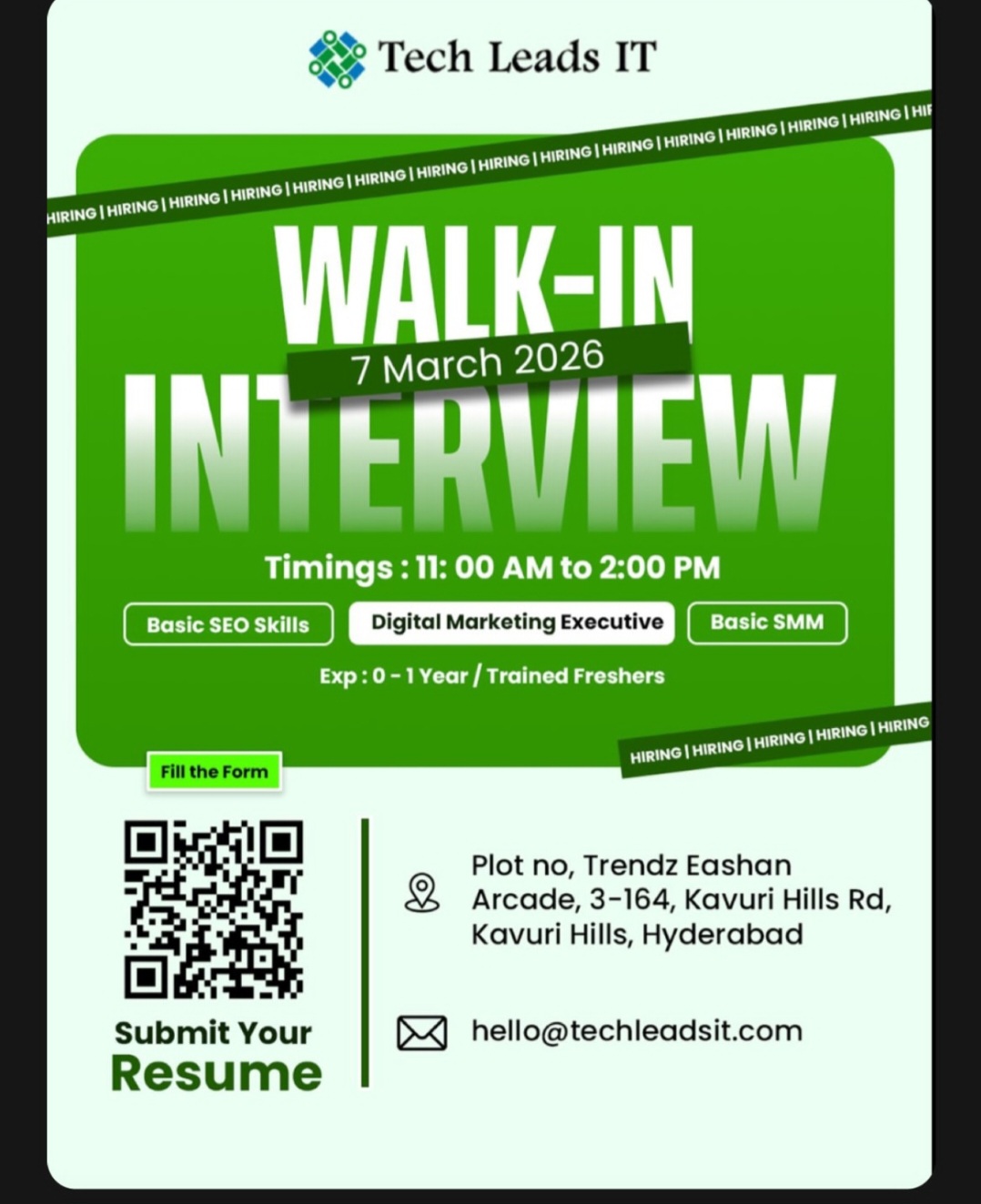 Tech Leads IT – Walk-In Hiring (Hyderabad)