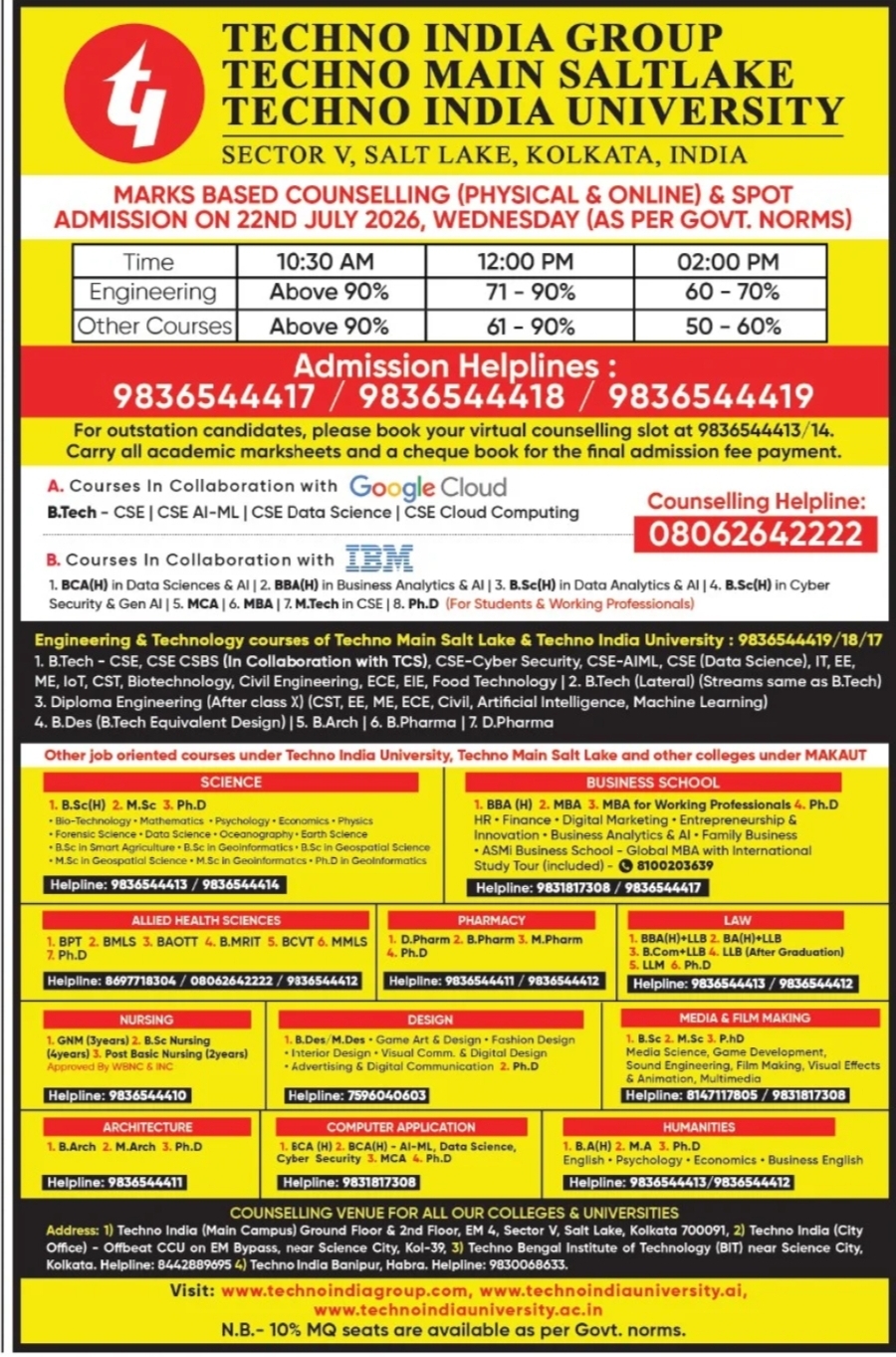 Techno India Group Kolkata Admissions 2026 – Marks-Based Counselling and Spot Admission