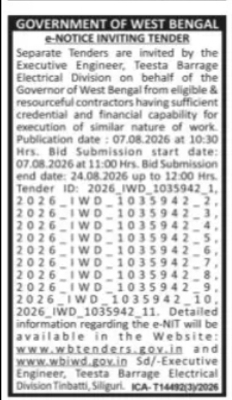 Teesta Barrage Electrical Division – e-Tender Notice