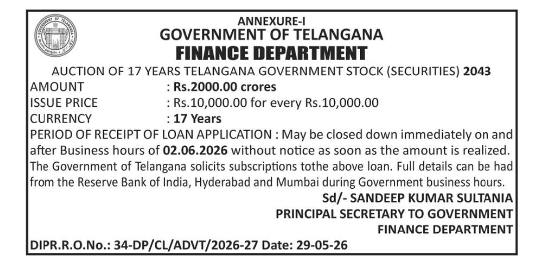 Telangana Government Announces Auction of 17-Year Government Securities 2043