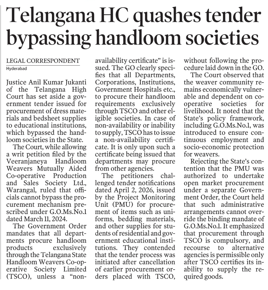 Telangana HC quashes tender bypassing handloom societies