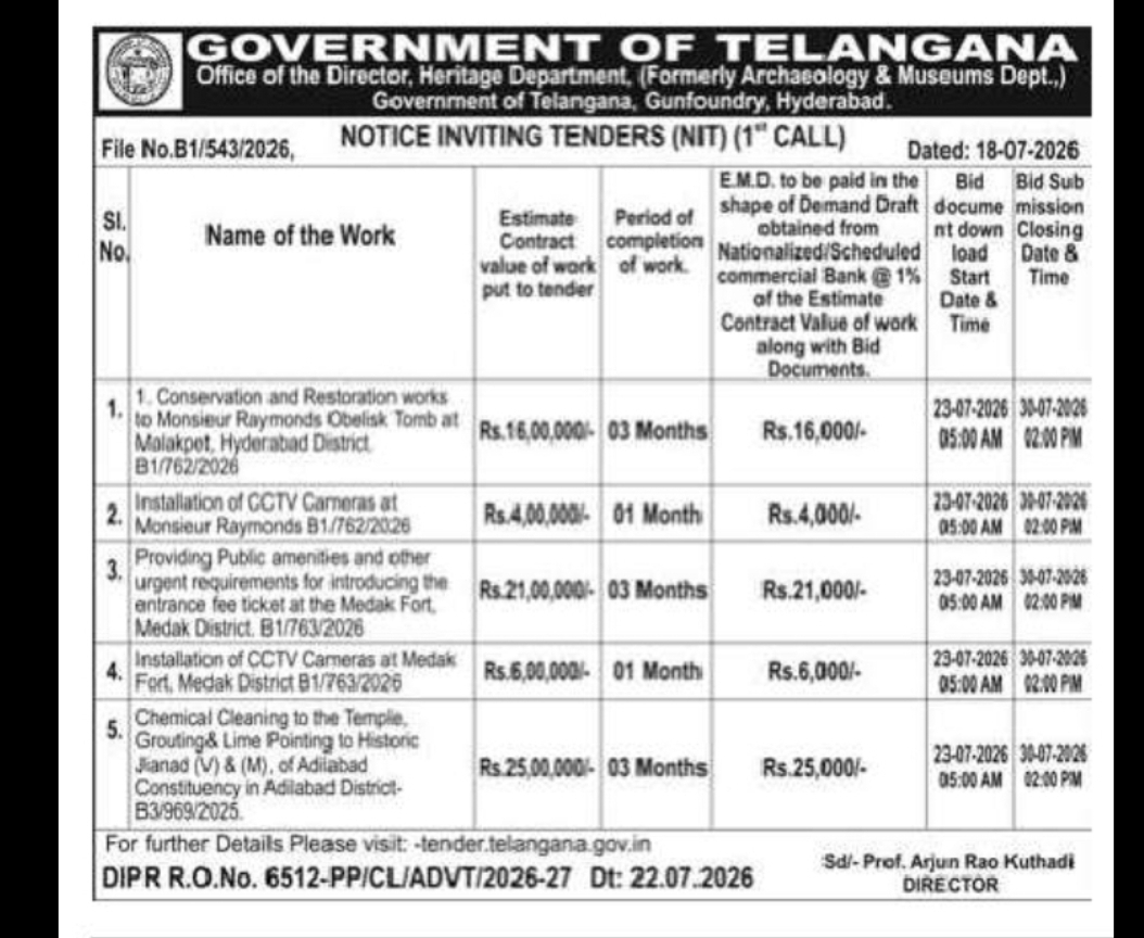 Telangana Heritage Department Invites Tenders for Conservation and Heritage Development Works