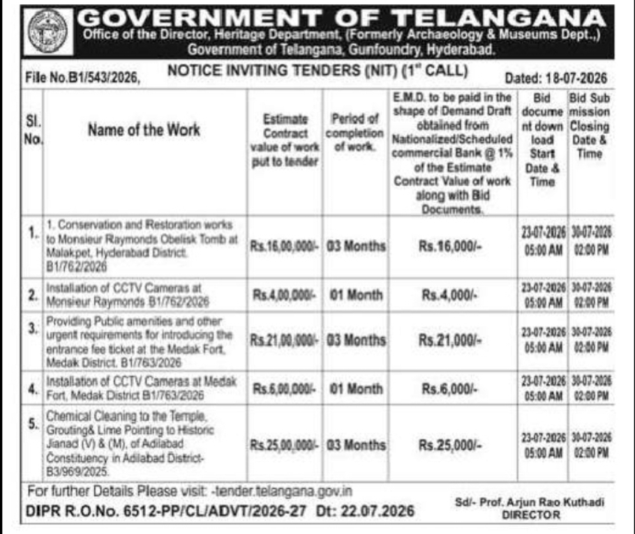 Telangana Heritage Department Invites Tenders for Conservation and Restoration Works