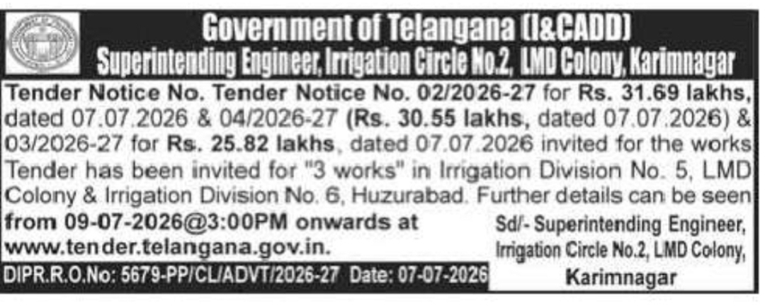 Telangana Irrigation Department Invites Tenders for Three Irrigation Works