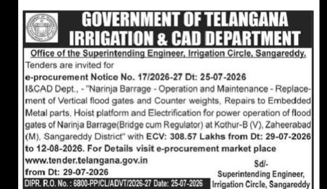 Telangana Irrigation Department Tender – Narinja Barrage Maintenance Works