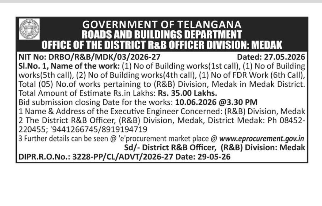 Telangana R&B Department Invites E-Tenders for 05 Works in Medak District
