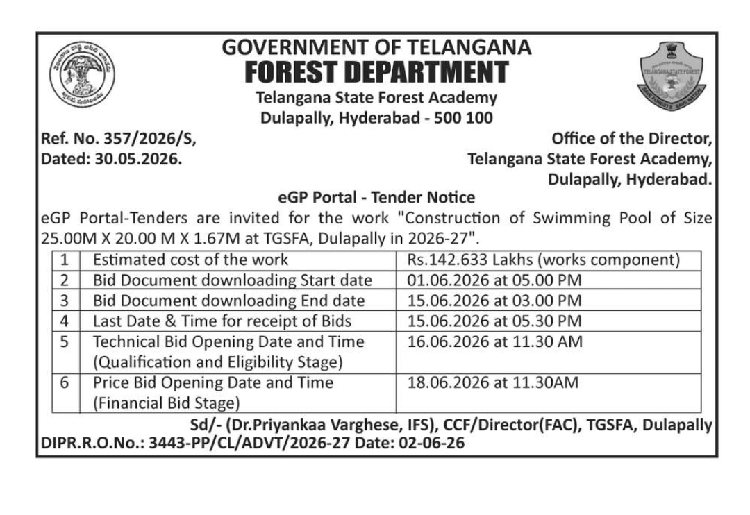 Telangana State Forest Academy Invites Tender for Swimming Pool Construction at Dulapally, Hyderabad