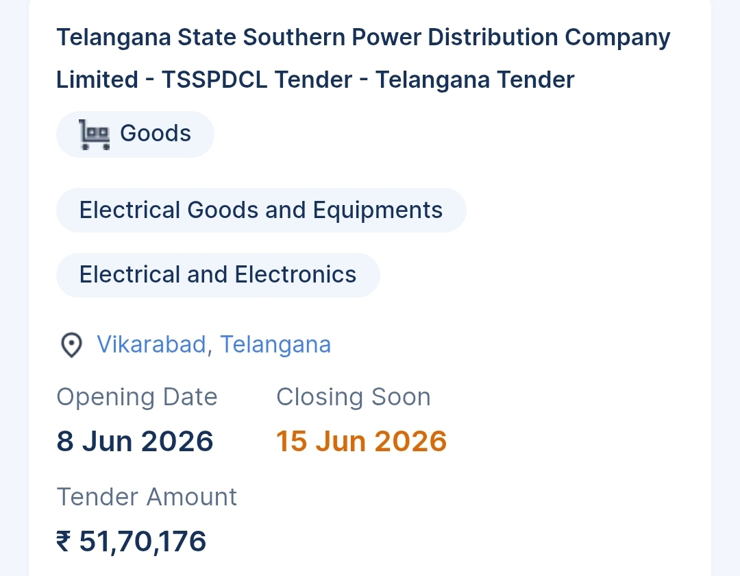 Telangana State Southern Power Distribution Company Limited - TSSPDCL Tender - Telangana Tender