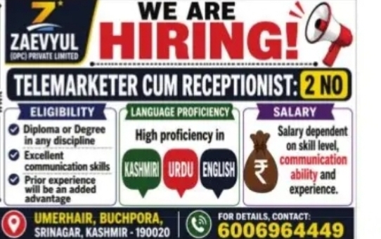 Telemarketer cum Receptionist Jobs – Srinagar, Kashmir
