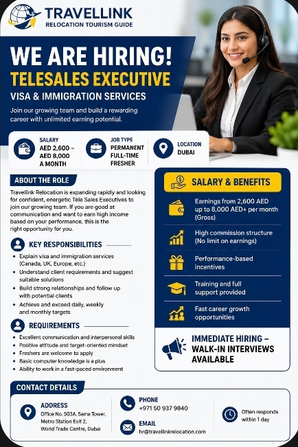 Telesales Executive – Visa & Immigration Services | Dubai | Immediate Hiring