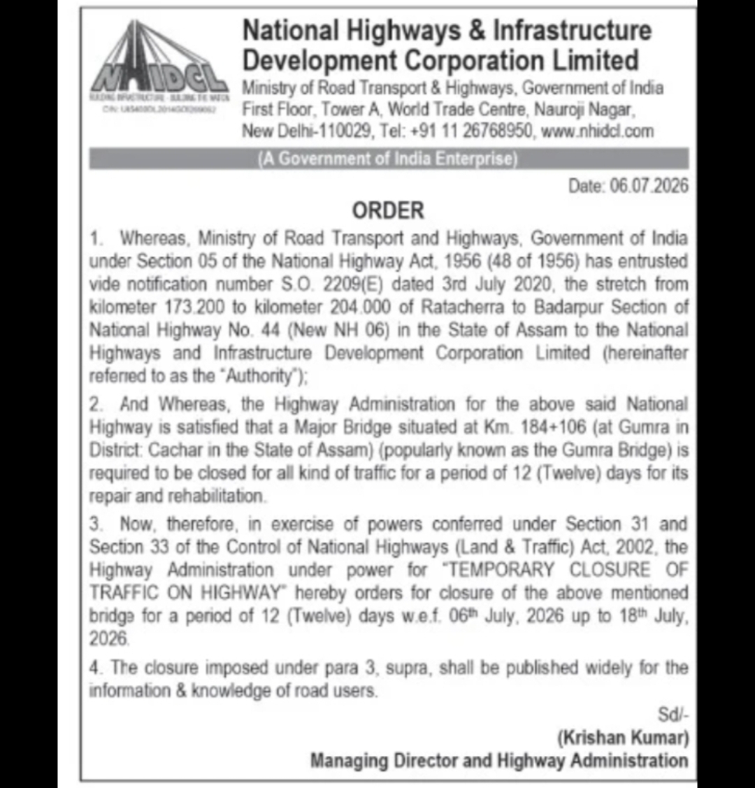 Temporary Closure of Gumra Bridge on NH-06 (Assam) for Repair Work