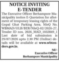 Temporary Leasing Rights Tender – Gopal Ghat Parking Area