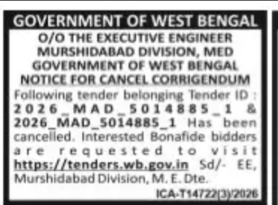 Tender Cancellation Corrigendum – Murshidabad Division
