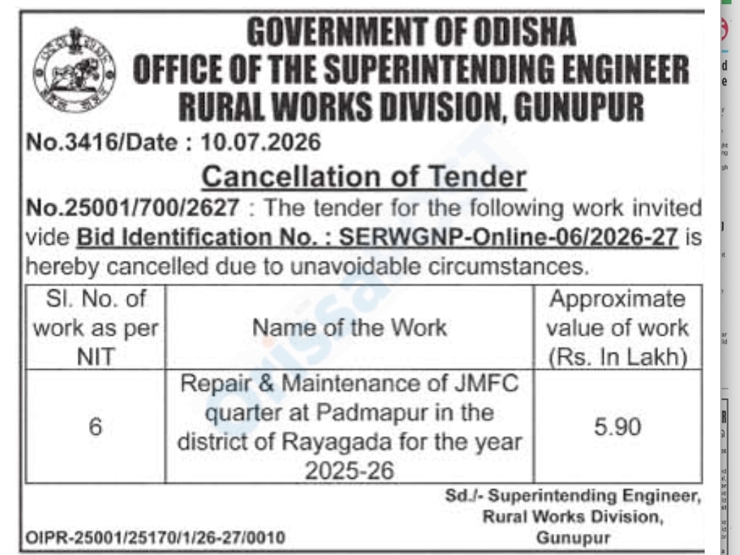Tender Cancellation Notice – Rural Works Division, Gunupur