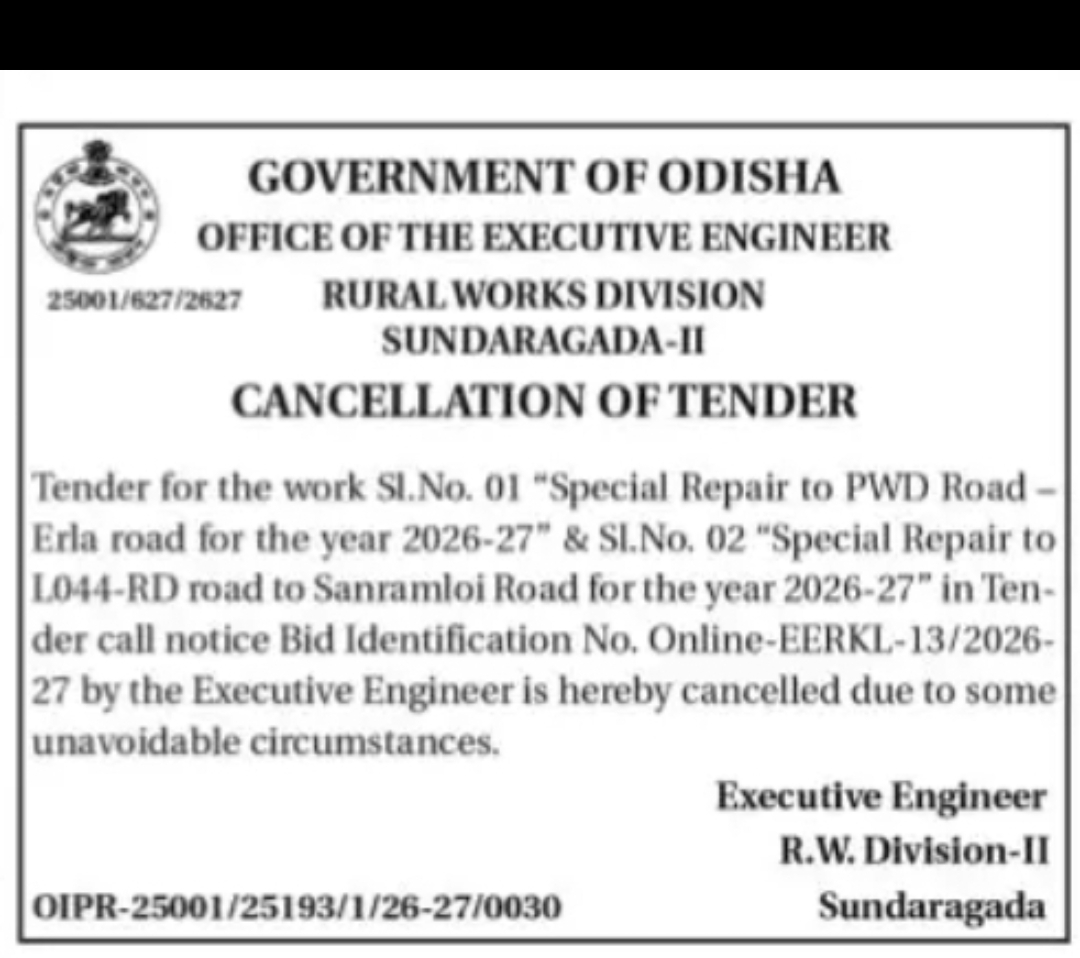 Tender Cancellation Notice – Rural Works Division-II, Sundargarh
