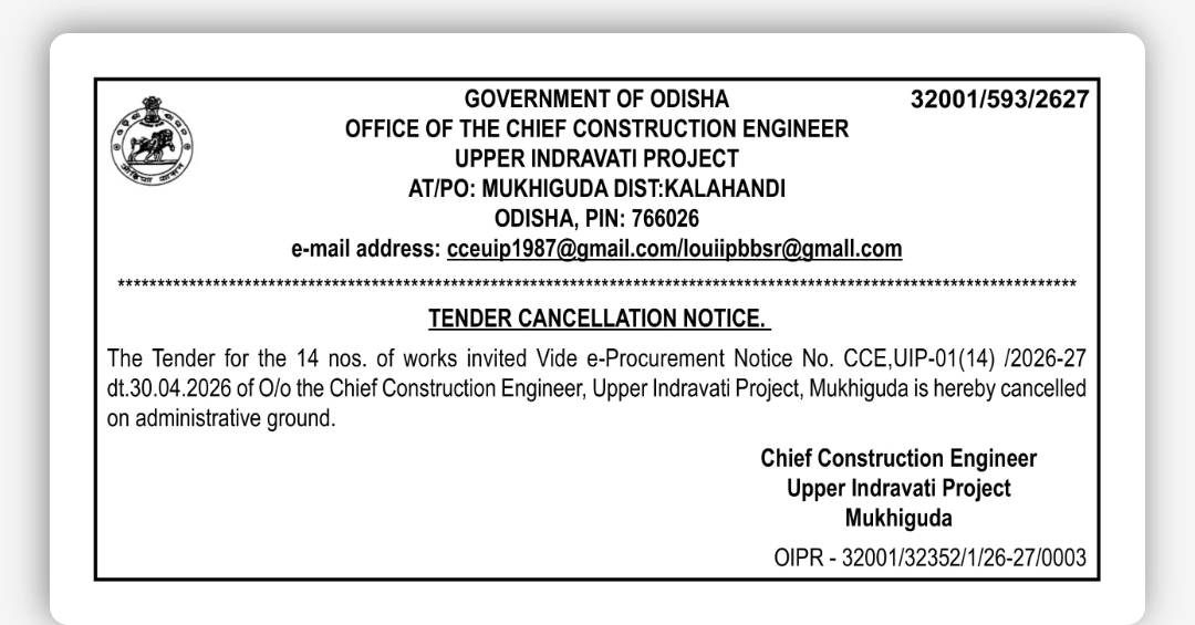 Tender Cancellation Notice – Upper Indravati Project, Odisha
