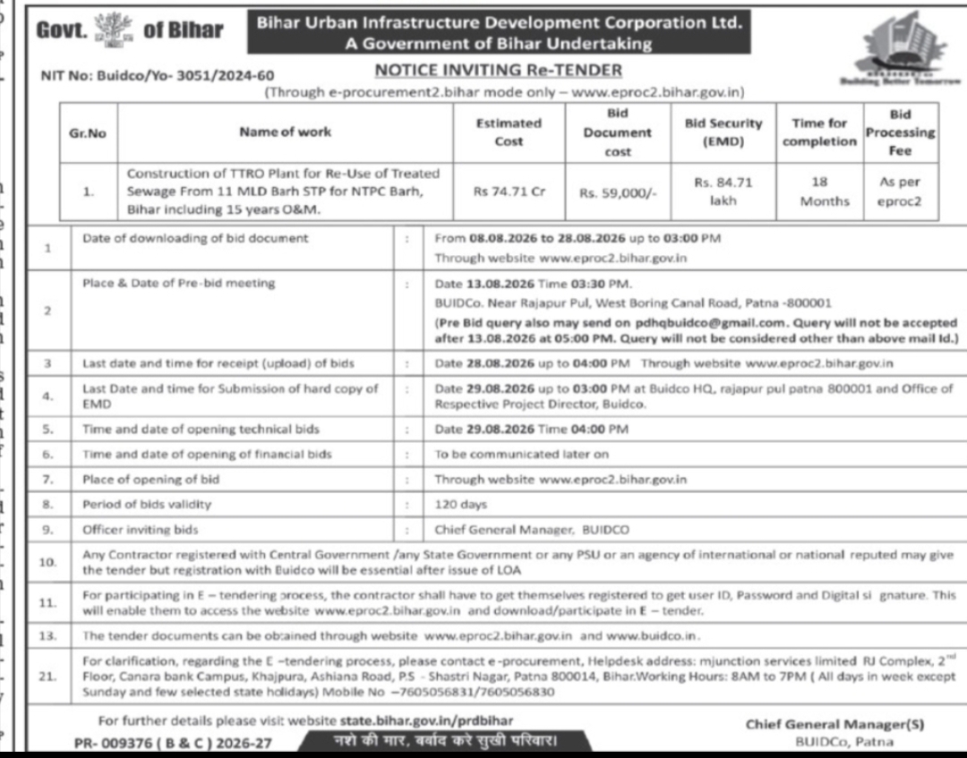 Tender – Construction of TTRO Plant at Barh STP, Bihar