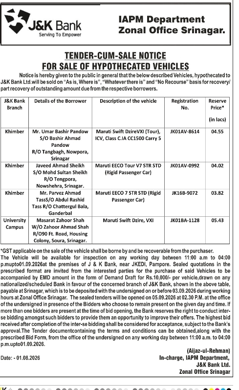 Tender-Cum-Sale Notice for Sale of Hypothecated Vehicles