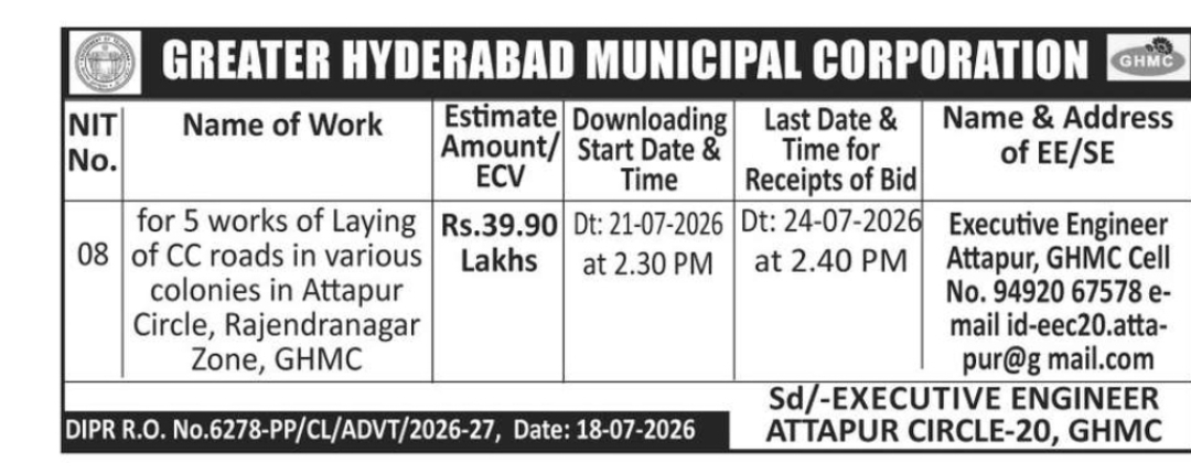 Tender for CC Road Works in Attapur Circle-20, GHMC