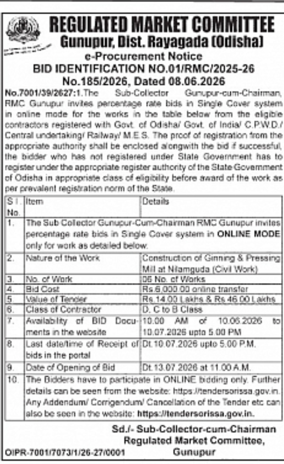 Tender for Construction of Ginning & Pressing Mill at Niyamguda (Civil Work)