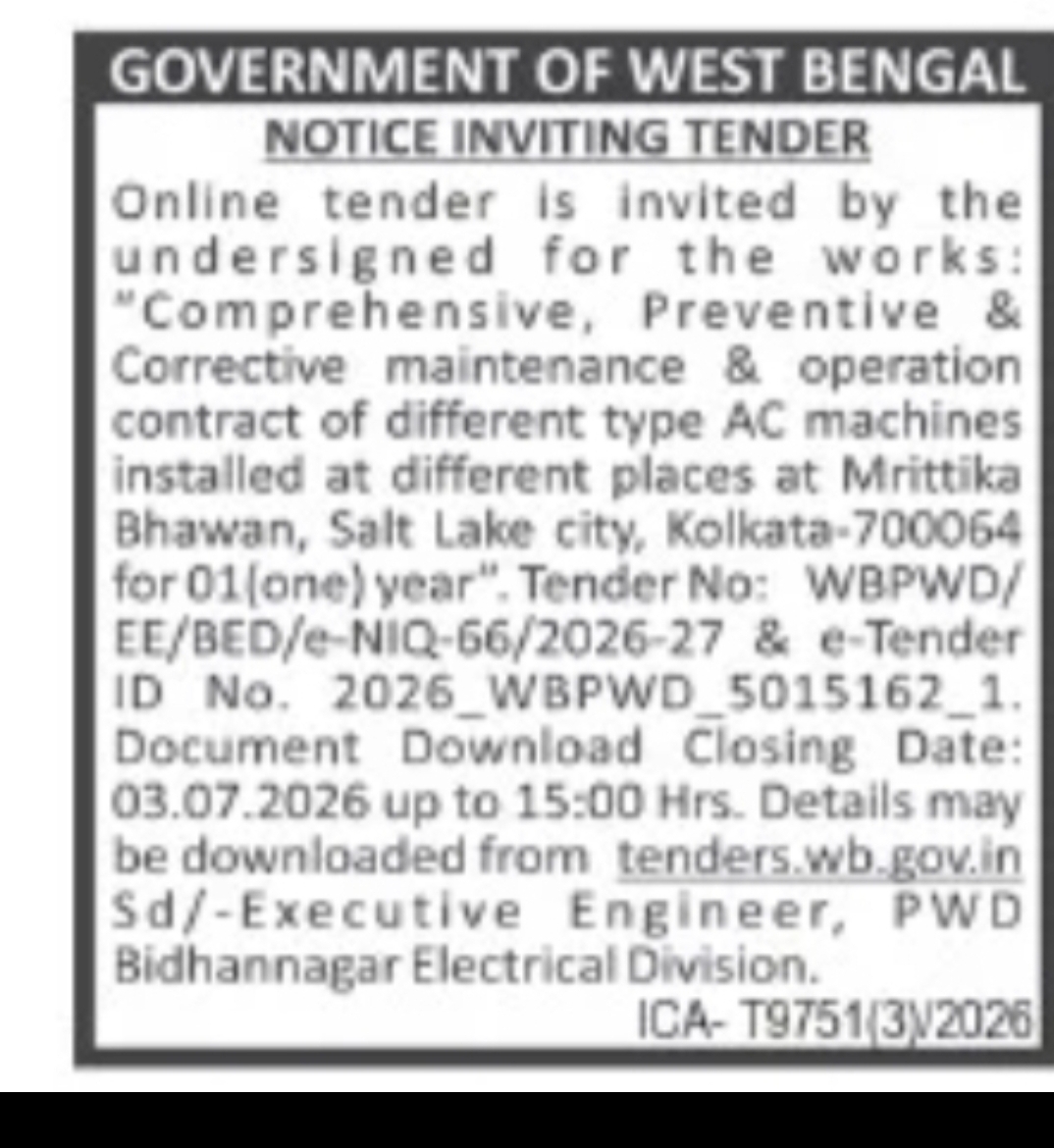 Tender for Maintenance and Operation of AC Machines at Mrittika Bhawan, Kolkata