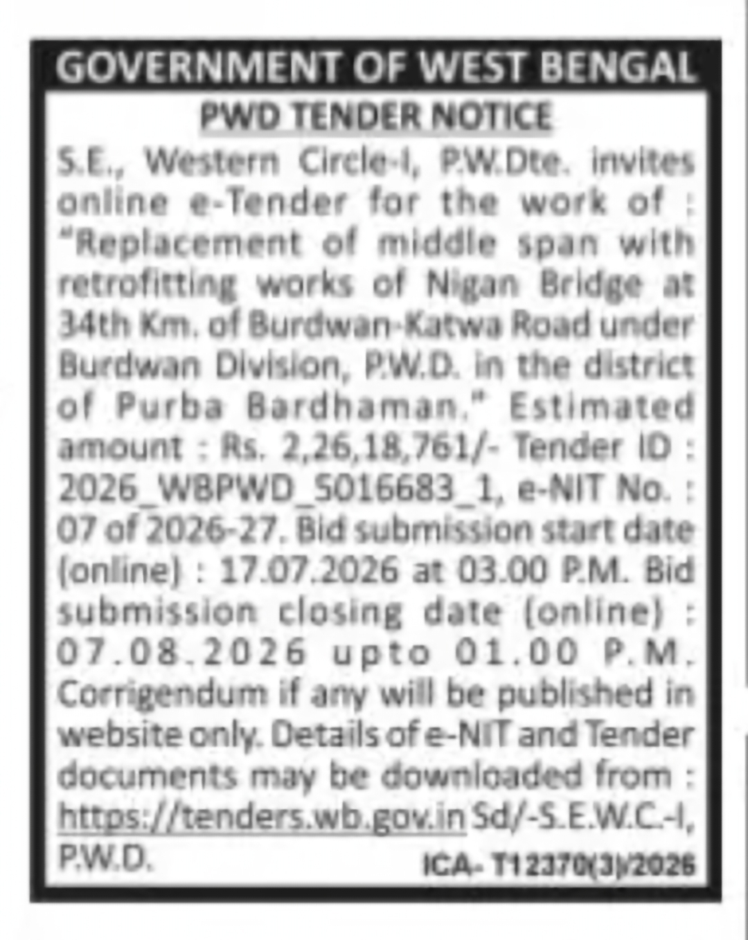 Tender for Nigan Bridge Rehabilitation Work in Purba Bardhaman