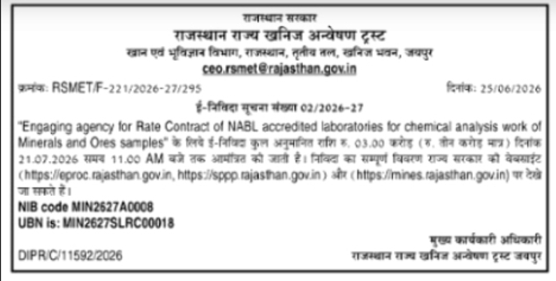 Tender for Rate Contract of NABL Accredited Laboratories for Chemical Analysis of Minerals & Ores