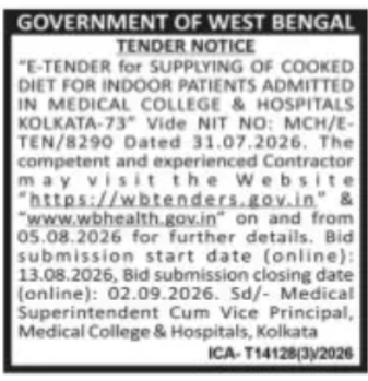 Tender for Supply of Cooked Diet – Medical College & Hospital Kolkata
