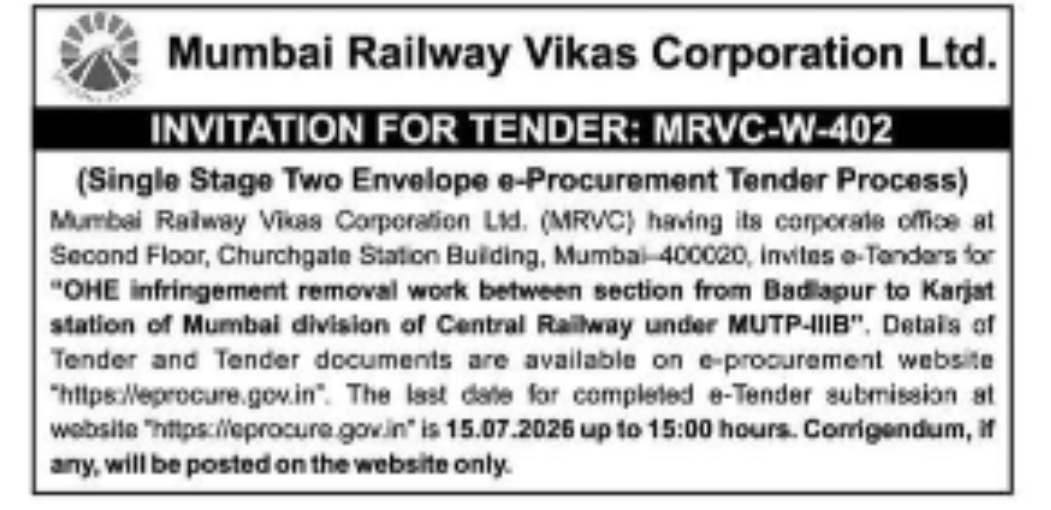 Tender Invitation – MRVC-W-402 (OHE Infringement Removal Work)