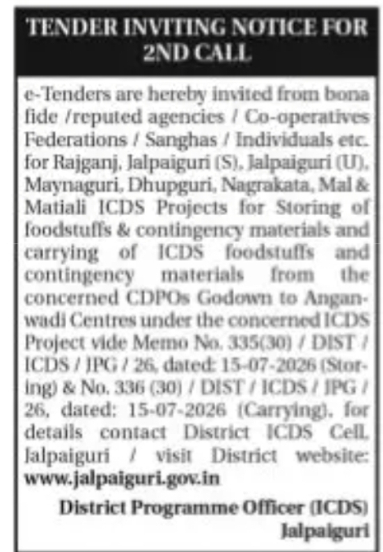Tender Invited for ICDS Foodstuff Storage & Transportation Services in Jalpaiguri