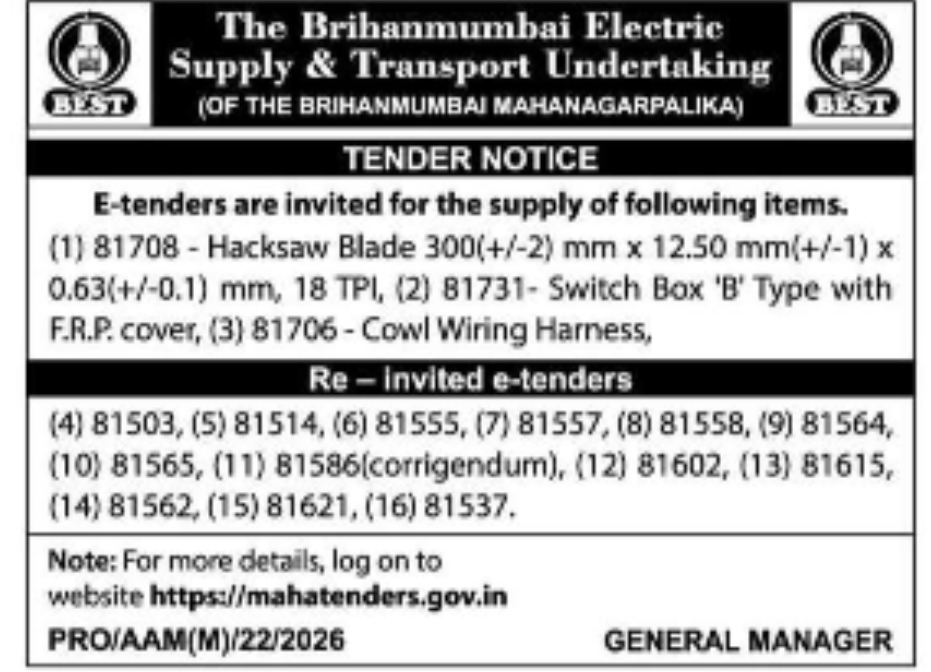 TENDER NOTICE – BEST UNDERTAKING