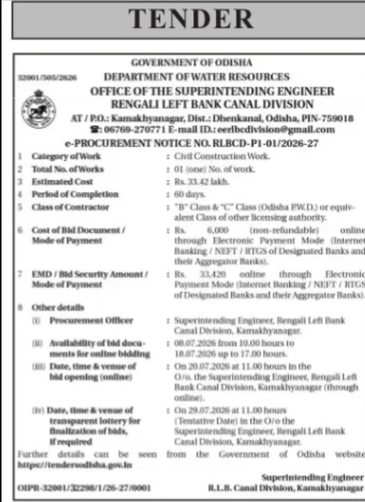 Tender Notice: Civil Construction Work – Rengali Left Bank Canal Division, Odisha
