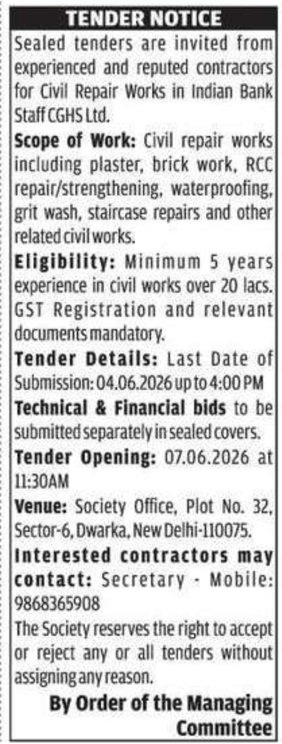 Tender Notice – Civil Repair Works (Indian Bank Staff CGHS Ltd.)