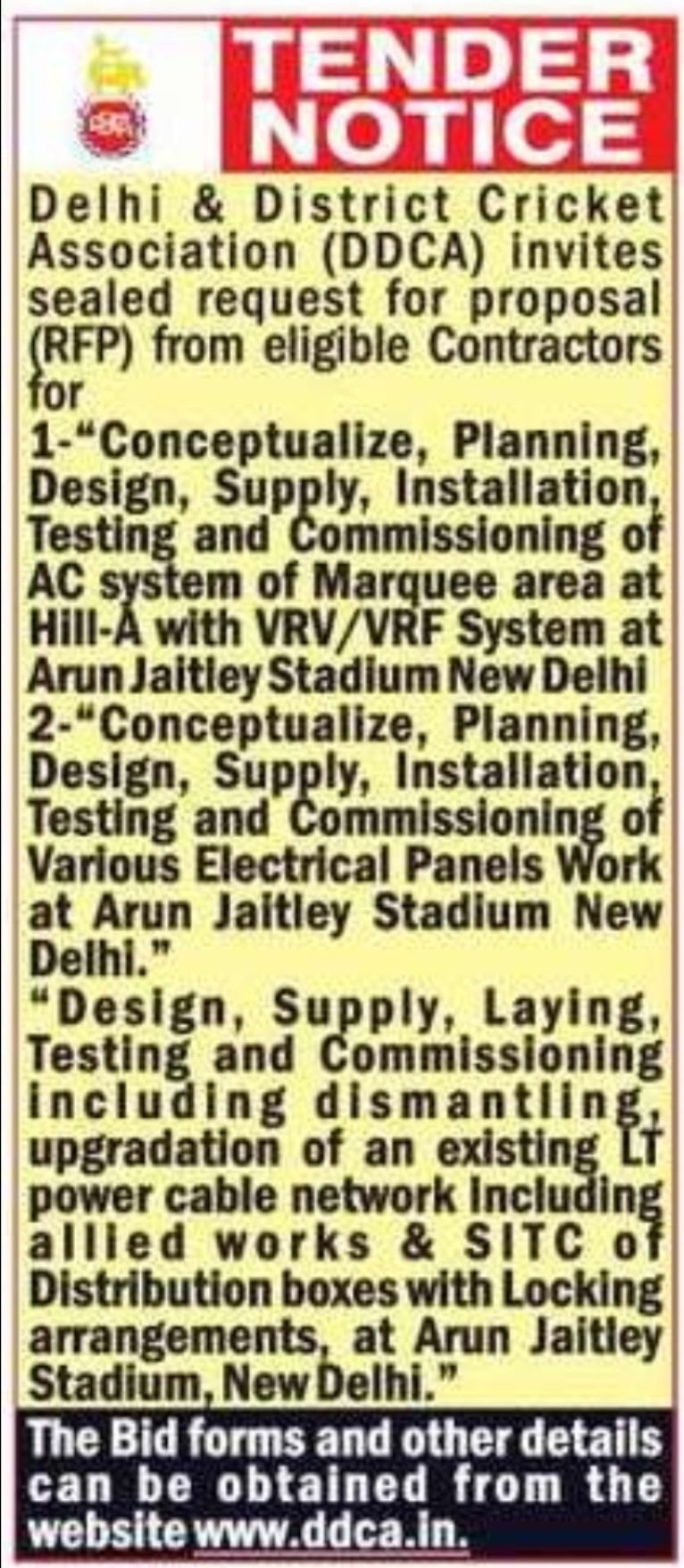 Tender Notice – DDCA (Arun Jaitley Stadium Works)