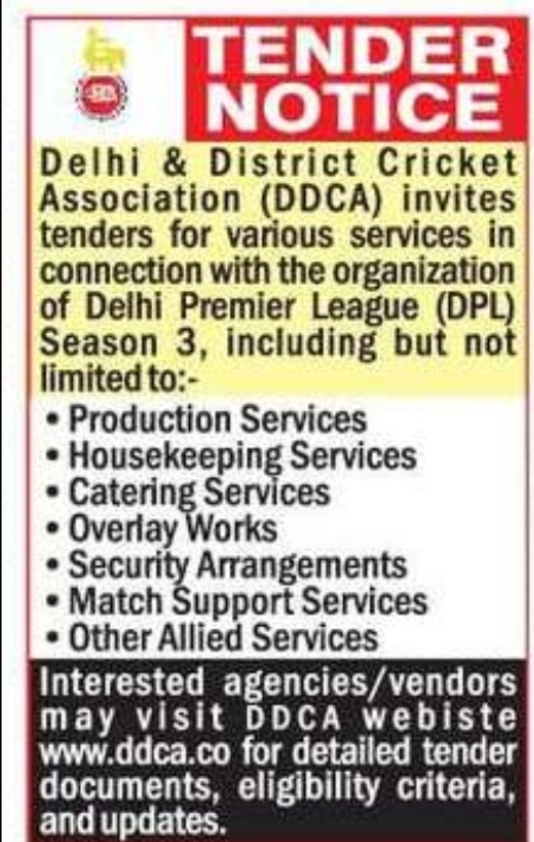 TENDER NOTICE   Delhi & District Cricket Association