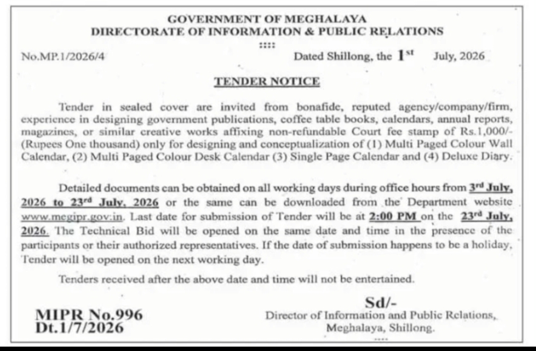 Tender Notice – Design and Conceptualization of Government Publications, Meghalaya