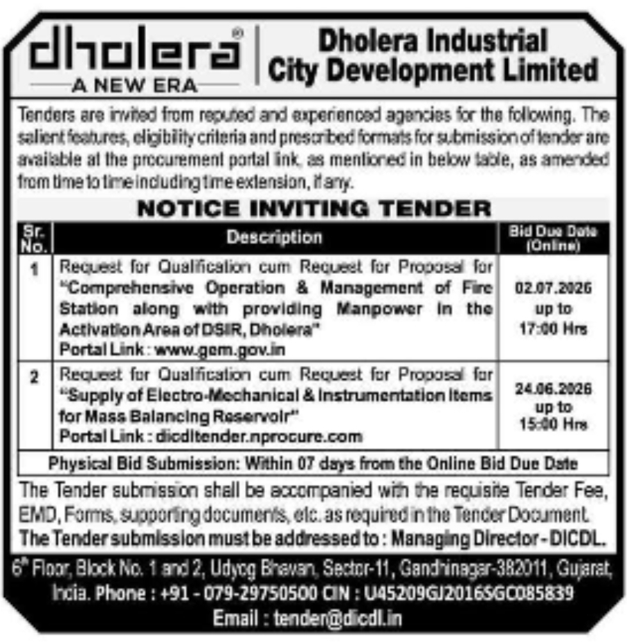 Tender Notice – Dholera Industrial City Development Limited (DICDL)
