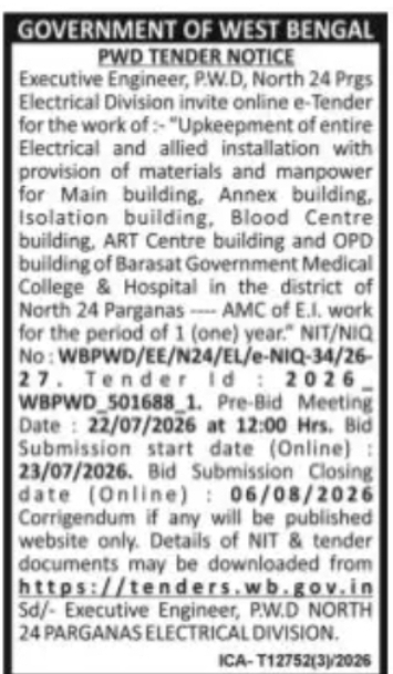 Tender Notice – Electrical Maintenance at Barasat Government Medical College & Hospital