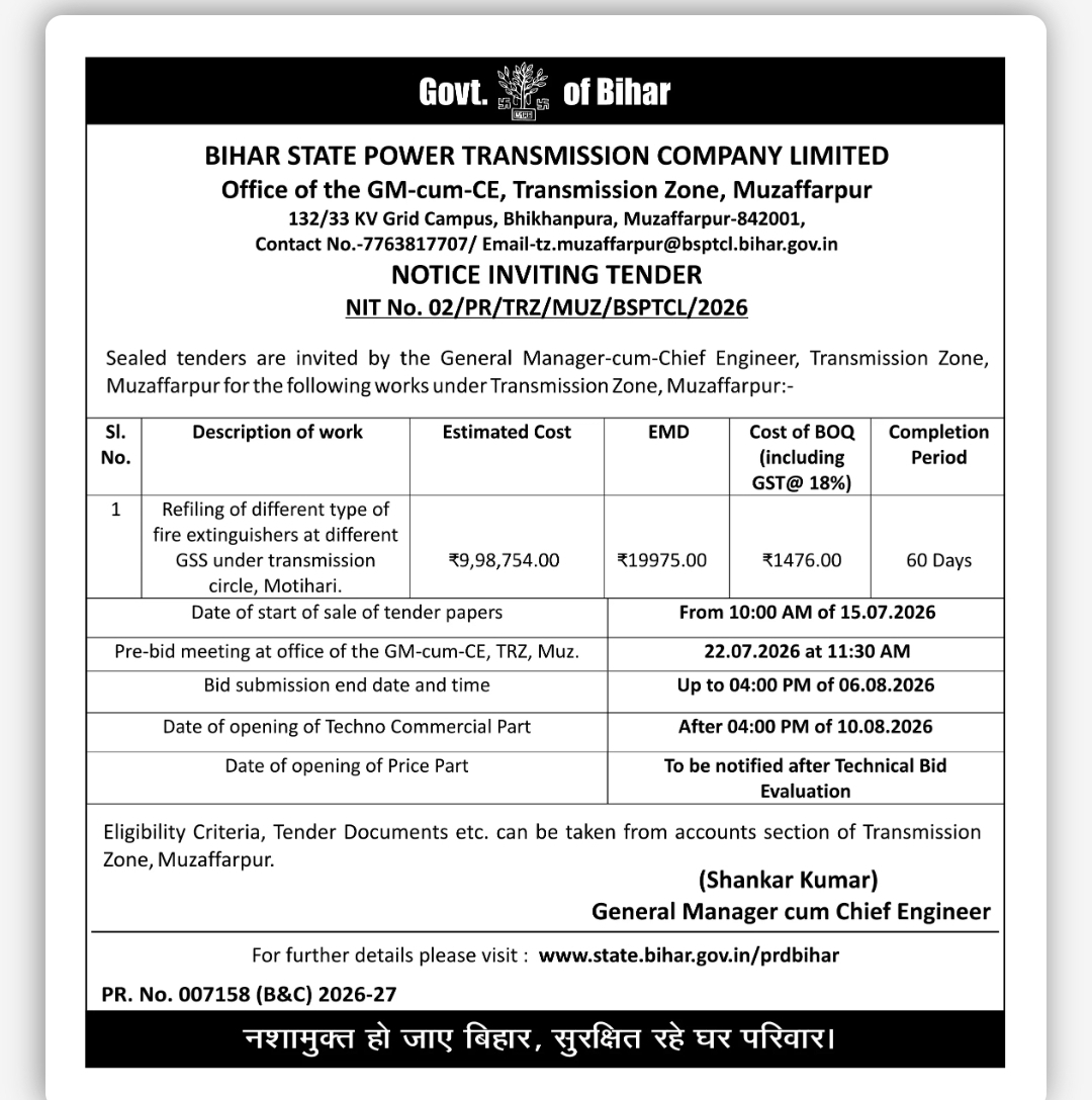 Tender Notice – Fire Extinguisher Refilling Work in Bihar State Power Transmission Company Limited